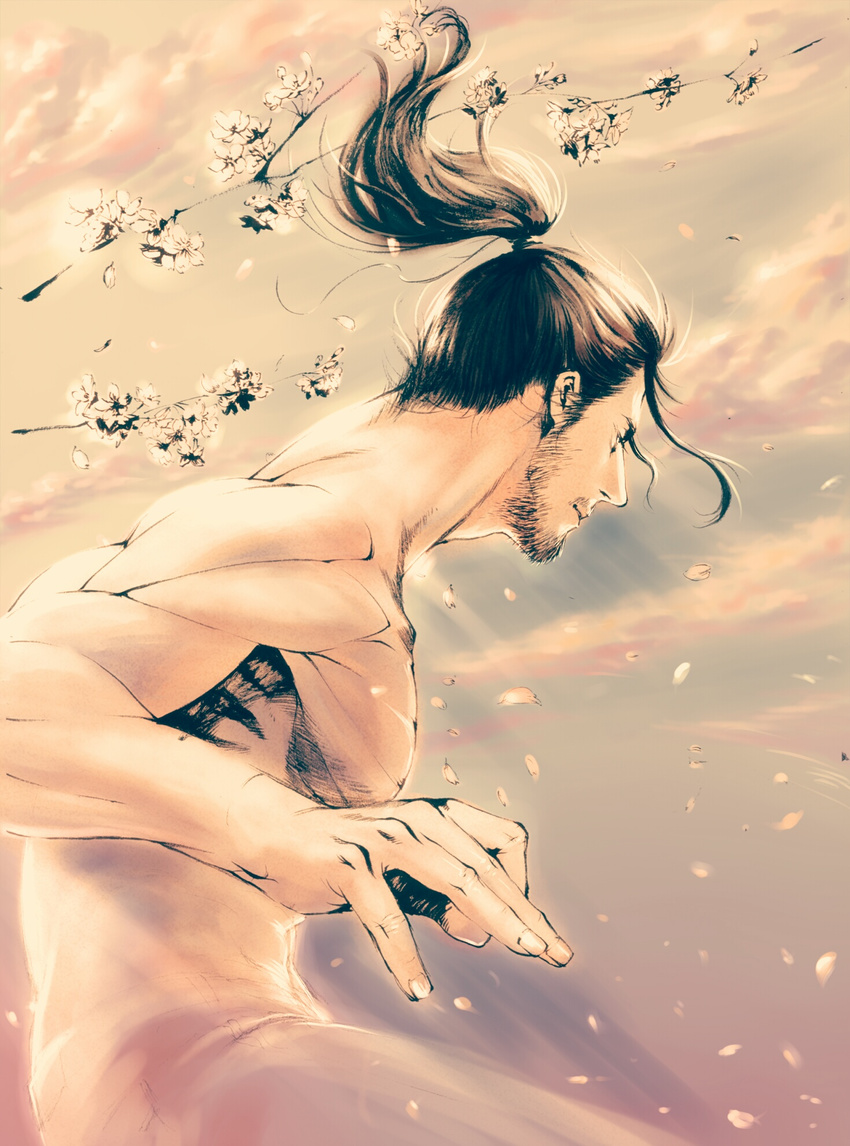 bad_id bad_pixiv_id beard black_hair cherry_blossoms cyborg facial_hair flower futon_saru highres male_focus metal_gear_(series) metal_gear_rising:_revengeance muted_color petals ponytail prosthesis prosthetic_arm samuel_rodrigues shirtless solo