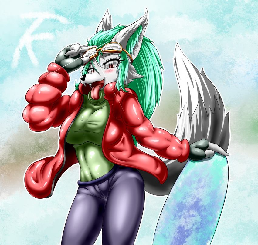 2015 anthro big_breasts blush breasts canine clothed clothing coat eyewear female fur gloves goggles green_fur green_hair grey_fur hair looking_at_viewer mammal open_mouth pants shirt snow snowboard tailzkim teeth tongue tongue_out white_fur wolf yellow_eyes