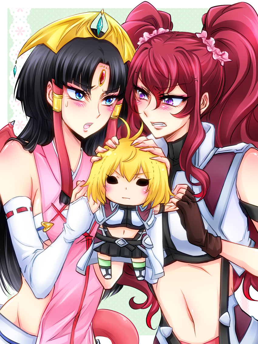 angelise_ikaruga_misurugi bare_shoulders black_hair blonde_hair blue_eyes blush character_doll commentary_request cross_ange fingerless_gloves forehead_jewel gloves hair_ornament highres hilda_(cross_ange) jealous kiraki long_hair midriff multiple_girls navel open_mouth purple_eyes red_hair salamandinay scrunchie sweatdrop twintails