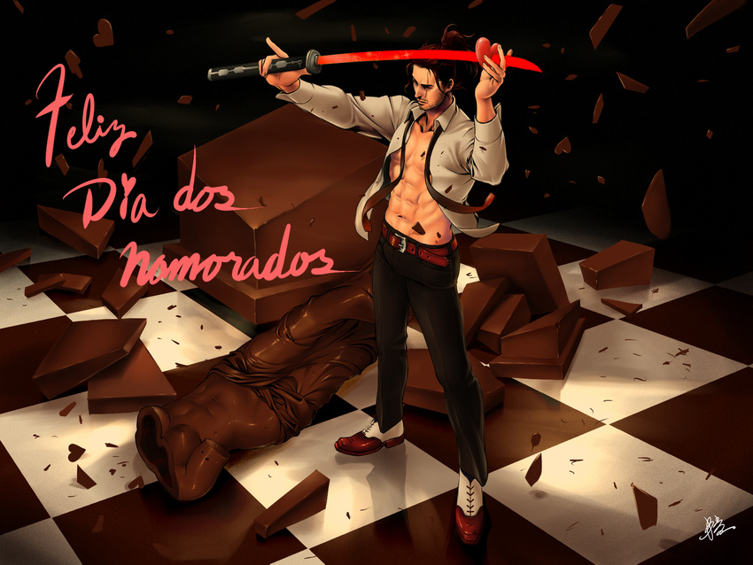 bad_id bad_pixiv_id black_hair checkered checkered_floor chocolate futon_saru heart highres katana male_focus metal_gear_(series) metal_gear_rising:_revengeance open_clothes open_shirt ponytail portuguese samuel_rodrigues scar shirt solo standing statue sword translated weapon