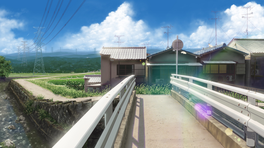 blue_sky bridge building canal cloud day grass house isai_shizuka lens_flare no_humans original outdoors photorealistic power_lines radio_antenna railing retaining_wall road road_sign rural satellite_dish scenery sign sky sunlight tile_roof transmission_tower vanishing_point water