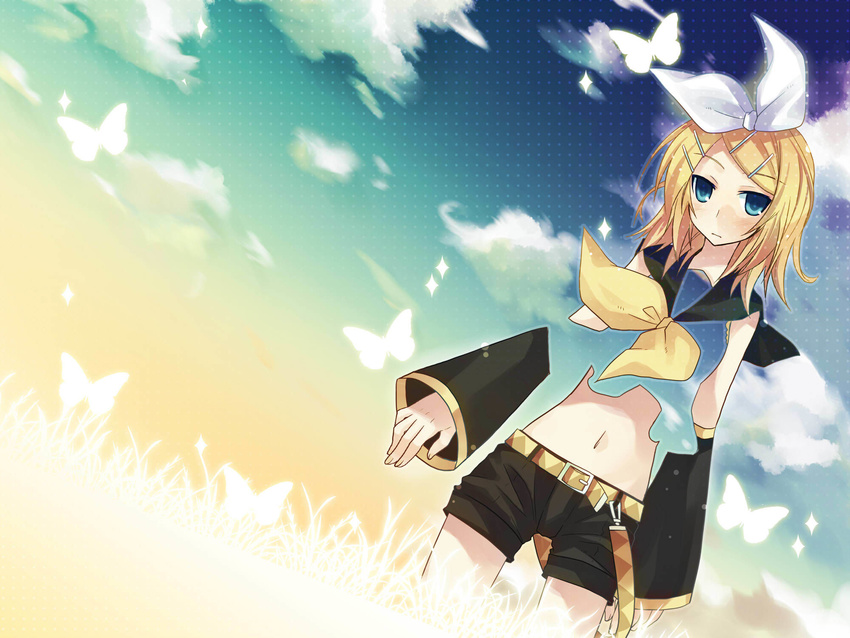 blonde_hair blue_eyes hair_ornament hair_ribbon hairclip highres kagamine_rin midriff ribbon short_hair shorts sky solo tamura_hiro vocaloid wallpaper