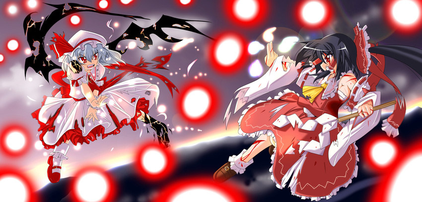 bat_wings battle black_hair bleeding blood bow danmaku detached_sleeves duel gohei hakurei_reimu hat highres mad_(hazukiken) multiple_girls red_eyes remilia_scarlet shoes short_hair silver_hair single_shoe touhou wings