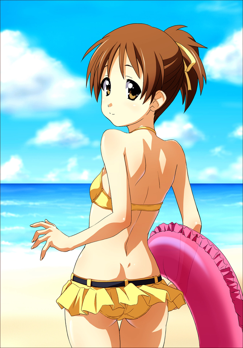 ass back beach bikini brown_eyes brown_hair day flat_chest from_behind highres hirasawa_ui innertube k-on! looking_back norizou_type-r ocean ponytail smile solo swimsuit