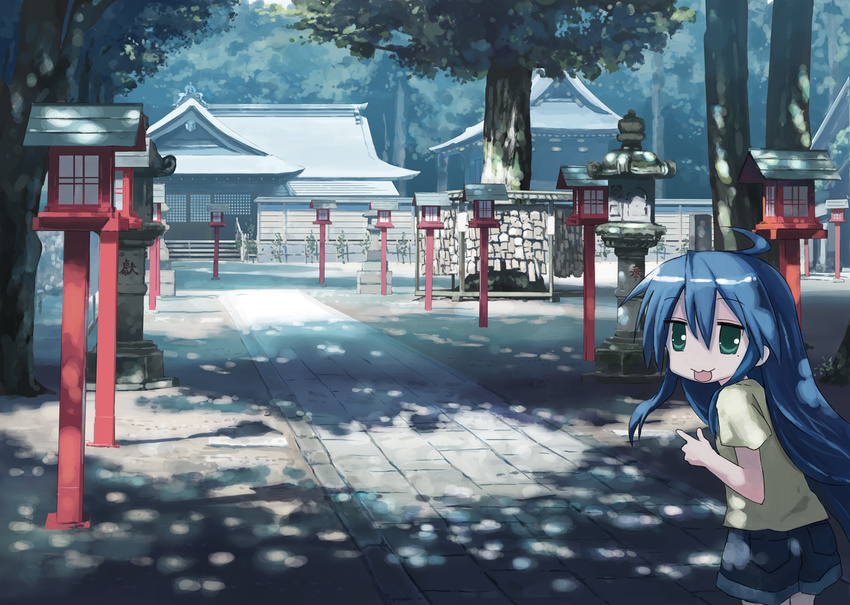 :3 ahoge anime_location blue_hair casual dappled_sunlight denim denim_shorts green_eyes isou_nagi izumi_konata landscape lantern long_hair looking_back lucky_star path pointing road scenery shade shorts shrine solo stone_lantern sunlight tree tree_shade