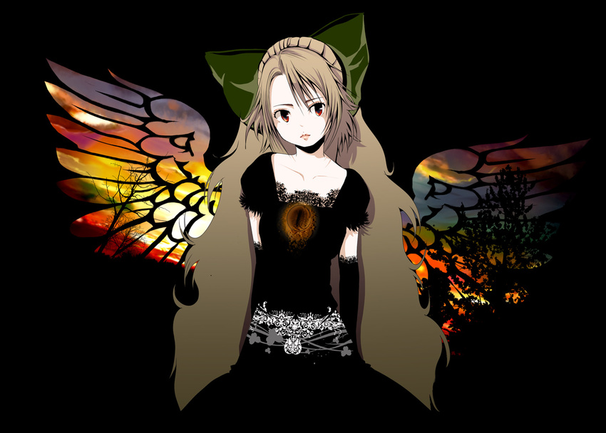 bad_id bad_pixiv_id bangs bare_tree black_background black_dress breasts brown_hair closed_mouth cloud collarbone cowboy_shot double_exposure dress elbow_gloves frown gloves hair_ornament lace_trim lips long_hair looking_at_viewer pink_lips red_eyes reiuji_utsuho short_sleeves sky solo sunset swept_bangs third_eye touhou tree very_long_hair wings yae_(mono110)