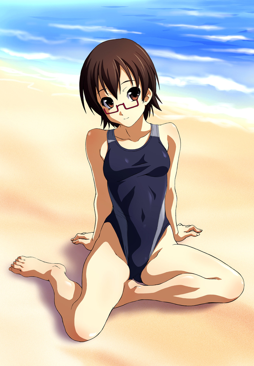 arm_support barefoot beach brown_eyes brown_hair competition_swimsuit day feet glasses highres k-on! manabe_nodoka norizou_type-r ocean one-piece_swimsuit red-framed_eyewear semi-rimless_eyewear short_hair sitting smile solo swimsuit under-rim_eyewear