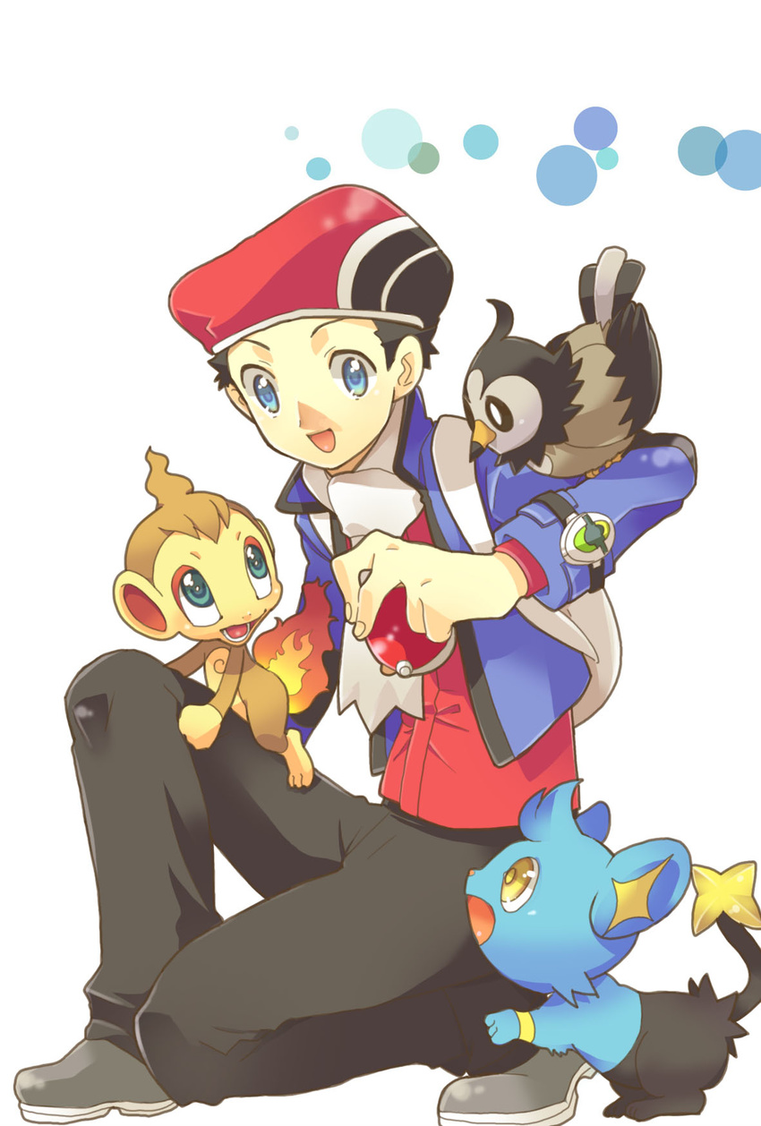 2go1go alternate_costume bad_id bad_pixiv_id beret black_hair blue_eyes chimchar coat diamond_(pokemon) fiery_tail gen_4_pokemon hat highres holding holding_poke_ball jacket kouki_(pokemon) male_focus monkey one_knee poke_ball poke_ball_(generic) pokemon pokemon_(creature) pokemon_(game) pokemon_dppt pokemon_platinum poketch scarf shinx starly tail watch winter_clothes wristwatch