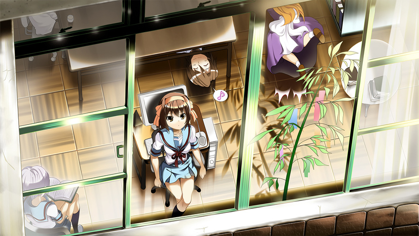 3girls asahina_mikuru bamboo blue_skirt book bookshelf brown_eyes brown_hair closed_eyes computer dress eighth_note from_above from_outside hairband kita_high_school_uniform koizumi_itsuki looking_up mouse_(computer) multiple_girls musical_note nagato_yuki open_book reading school_uniform serafuku short_sleeves sitting skirt skyt2 speech_bubble spoken_musical_note suzumiya_haruhi suzumiya_haruhi_no_yuuutsu swivel_chair table tanabata tanzaku tripping under_table window