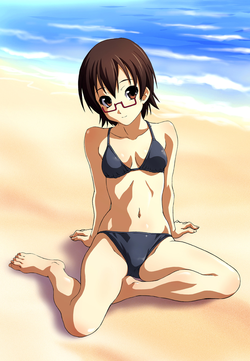 arm_support barefoot beach bikini breasts brown_eyes brown_hair cleavage day feet glasses highres k-on! manabe_nodoka medium_breasts norizou_type-r ocean red-framed_eyewear semi-rimless_eyewear short_hair sitting smile solo swimsuit under-rim_eyewear