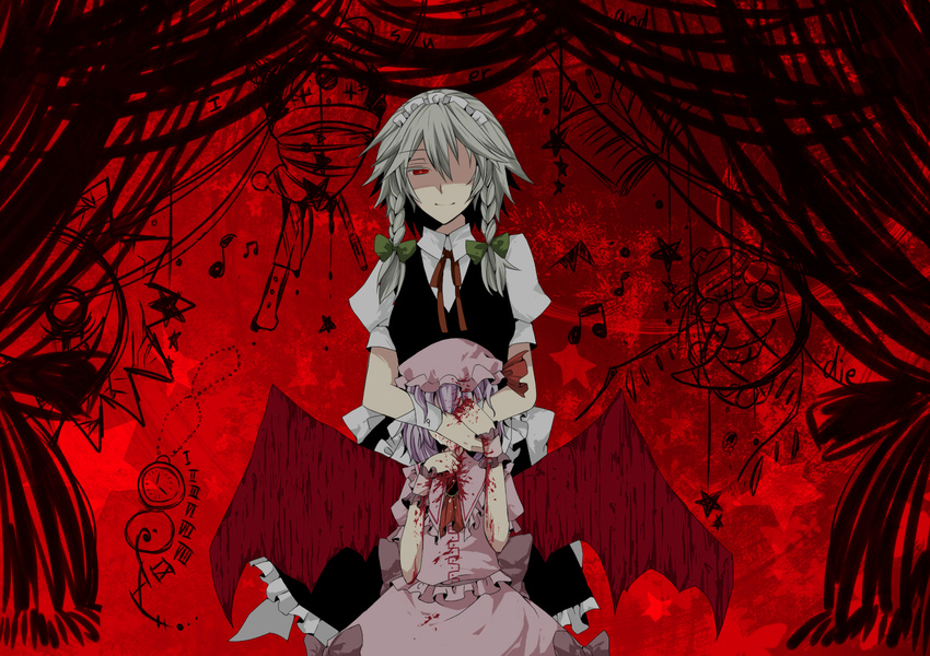 ascot bad_id bad_pixiv_id bat_wings blood book bow braid commentary_request crying curtains flandre_scarlet fujisaki_miyabi hat height_difference highres hug hug_from_behind izayoi_sakuya knife lavender_hair maid maid_headdress moon multiple_girls notes one-eyed pocket_watch red_eyes remilia_scarlet ribbon roman_numerals short_hair silver_hair smile star sun tears touhou twin_braids watch wings wrist_cuffs