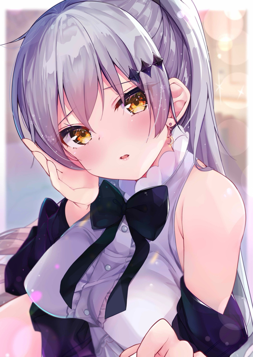 1girl bangs bare_shoulders black_bow black_skirt blouse blurry blurry_background blush bokeh bow bowtie breasts brown_eyes crescent crescent_earrings depth_of_field earrings eyebrows_visible_through_hair five-seven_(girls_frontline) girls_frontline hair_between_eyes hair_ornament hair_ribbon hand_on_own_cheek head_tilt highres jacket jewelry large_breasts light_particles long_hair looking_at_viewer off_shoulder ponytail ribbon rouka_(akatyann) sidelocks silver_hair skirt sleeveless_blouse solo sparkle very_long_hair white_blouse