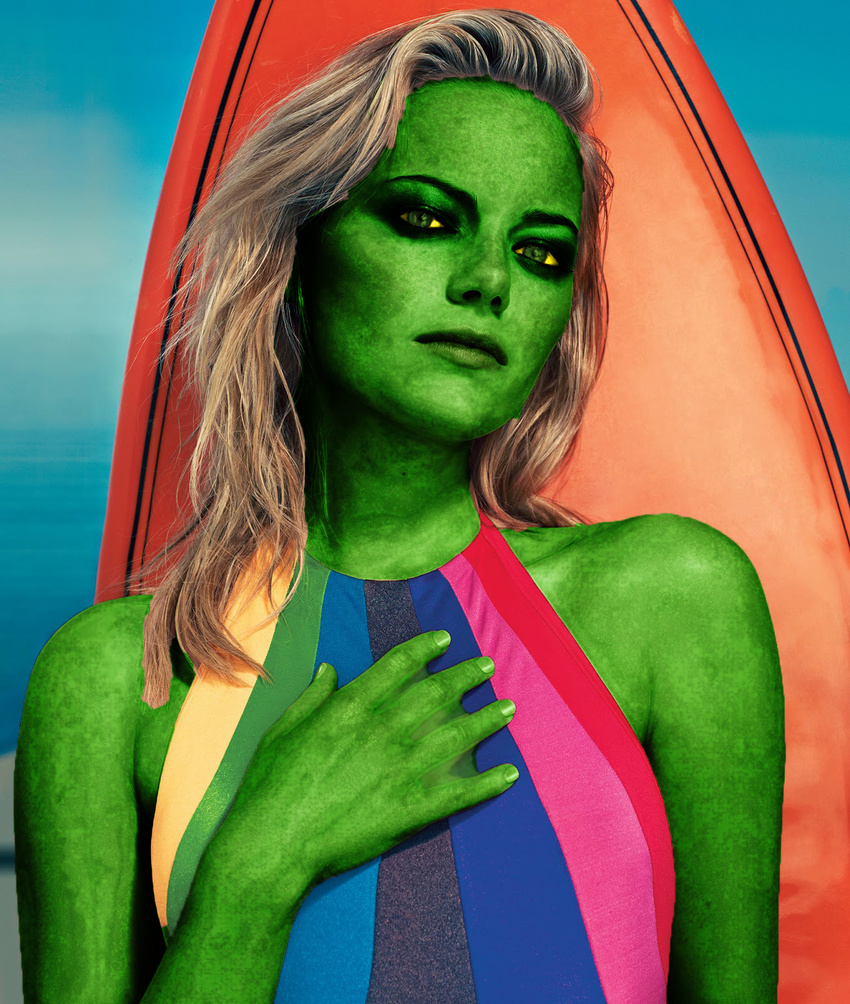 amphibian anthro blonde_hair clothing drmoreau1867 edit emma_stone female frog green_skin hair human looking_at_viewer mammal mottled_skin photo_manipulation photomorph real recolor speckled_skin surfboard swimsuit webbed_hands yellow_eyes