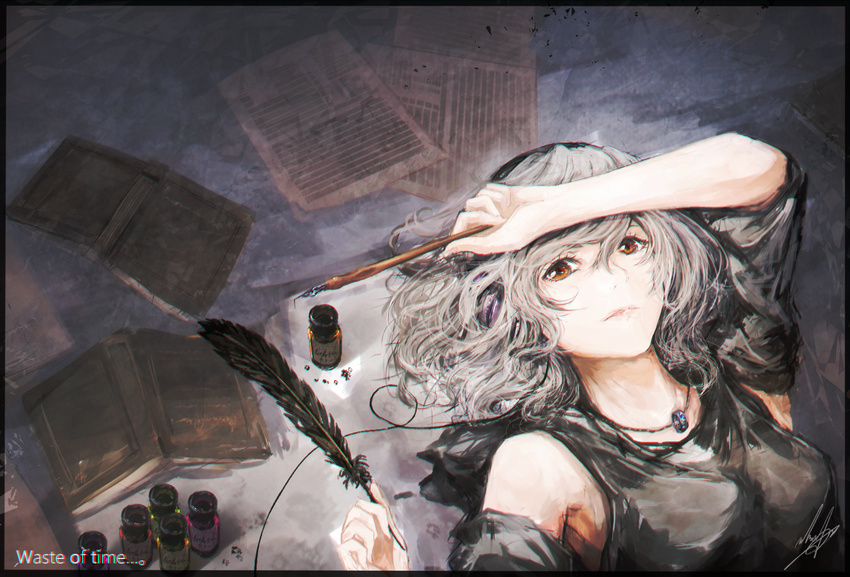 book brown_eyes chromatic_aberration english fountain_pen grey_hair hand_on_own_head highres inkwell jewelry marumoru original paper pen quill ring silver_hair solo text_focus