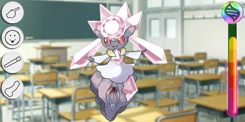 1girl :p blackboard bottomless classroom clitoris crystal dating_sim desk diancie dress fake_screenshot finger game hitachi_magic_wand looking_at_viewer mega_stone no_humans no_legs parody penis pokemon pokemon_xy pov pov_eye_contact pussy red_eyes rock smile tongue uncensored visual_novel what