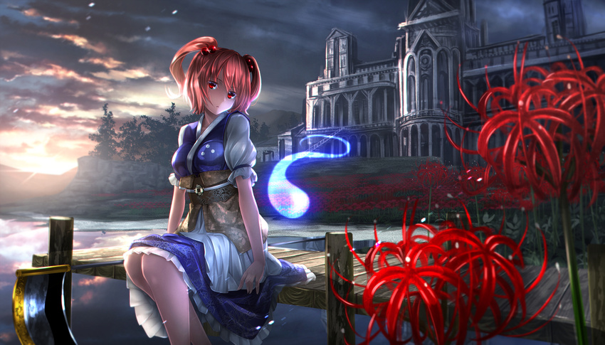 cloud cloudy_sky coin flower frills hair_bobbles hair_ornament highres hitodama looking_at_viewer onozuka_komachi open_mouth outdoors pier red_eyes red_hair river ryosios sanzu_river scythe short_hair short_sleeves sky solo spider_lily touhou two_side_up