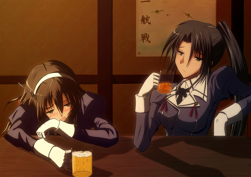 alcohol arm_support ashigara_(kantai_collection) bar beer beer_mug black_hair blush brown_hair cup drunk gloves hairband hand_on_own_face highres holding holding_cup ice ice_cube indoors kantai_collection long_hair looking_at_another multiple_girls nachi_(kantai_collection) open_mouth ponytail poster_(object) shadow uniform yuuk33