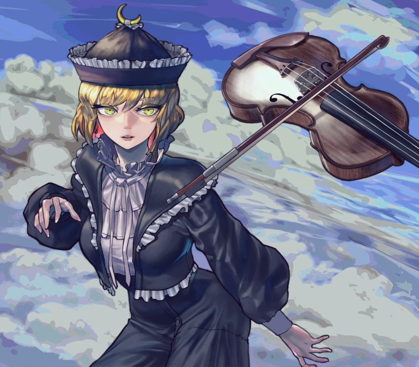 1girl absurdres black_headwear black_pants black_shirt blonde_hair bow_(music) cloud collar commentary_request contrapposto cowboy_shot crescent crescent_hat_ornament crescent_pin frilled_collar frilled_hat frills hat hat_ornament highres instrument lunasa_prismriver pants shirt skinnytorch sky solo touhou violin white_shirt yellow_eyes