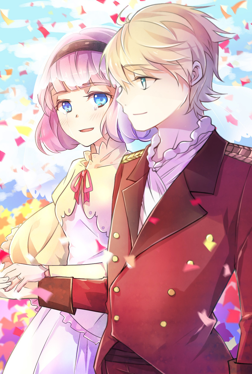 1girl aldnoah.zero bangs blue_eyes blunt_bangs bob_cut couple double-breasted dress hairband highres jewelry lemrina_vers_envers nauxii open_mouth puffy_sleeves purple_hair ring short_hair slaine_troyard smile tears wedding_band