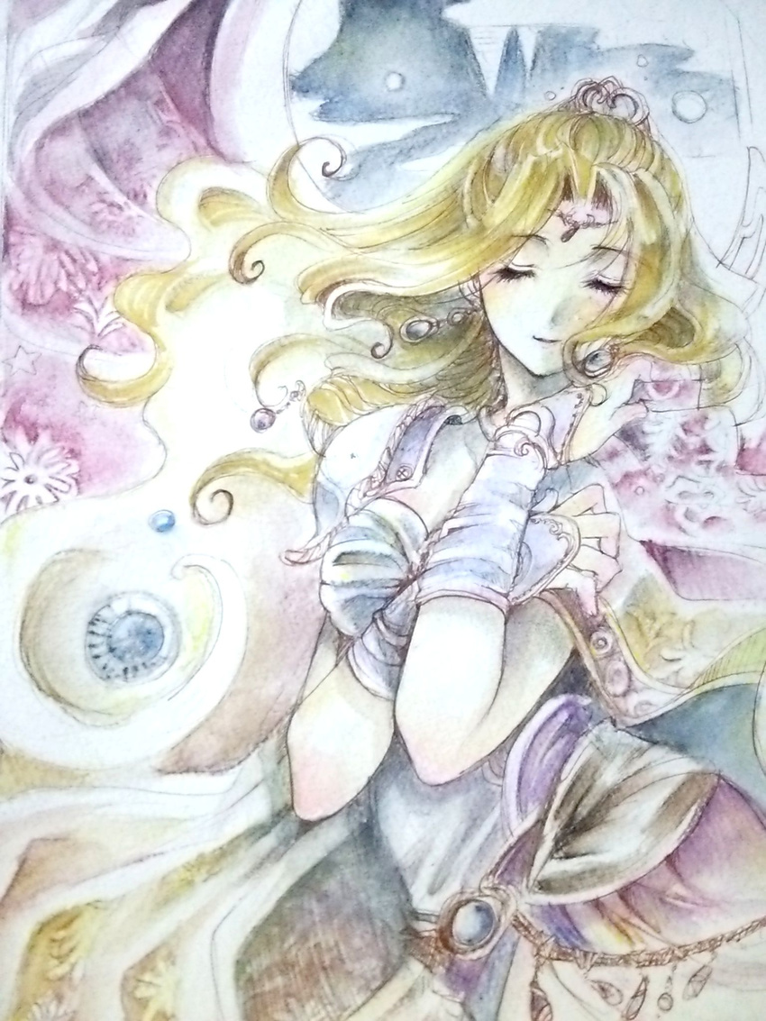 abstract_background blonde_hair bridal_gauntlets cape closed_eyes earrings final_fantasy final_fantasy_iv graphite_(medium) hands_on_own_chest highres jewelry long_hair nijinohouseki rosa_farrell shoulder_armor smile solo spaulders tiara traditional_media watercolor_(medium) wind