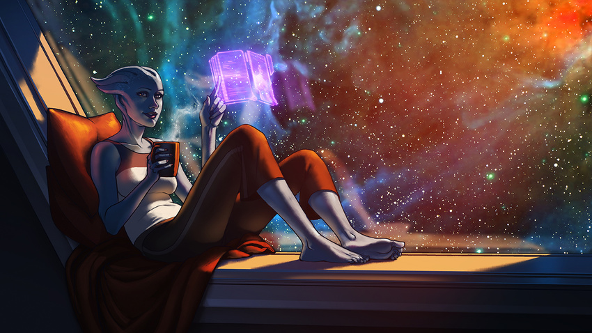 alien asari blue_skin clothed clothing drink female hologram liara_t'soni looking_at_viewer mass_effect matt_rhodes relaxing sitting smile solo space steam video_games window