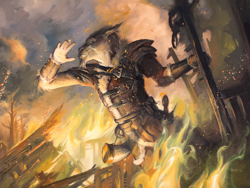 ainok armor canine destruction fire leather lucas_graciano magic_the_gathering male mammal official_art painting_(artwork) solo traditional_media_(artwork)