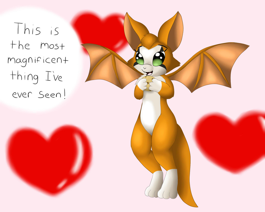 &lt;3 2012 anthro bat cookie cute dust:_an_elysian_tail english_text female fidget fur green_eyes mammal membranous_wings nimbat open_mouth orange_fur pink_background plain_background solo text video_games wafflefox white_fur wings