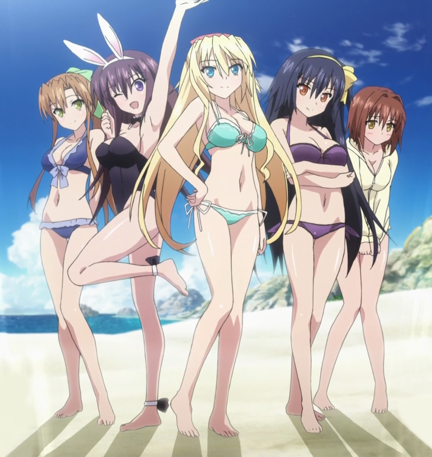 5girls 8-bit_(company) absolute_duo animal_ears armpits arms_behind_back barefoot beach bikini blonde_hair blue_eyes blue_hair breasts brown_hair bunny_ears bunnysuit cleavage crossed_arms detached_collar feet green_eyes hair_ribbon hand_on_hip hotaka_miyabi large_breasts lilith_bristol long_hair midriff multiple_girls nagakura_imari navel one-piece_swimsuit one_arm_up one_eye_closed open_mouth orange_eyes outdoors ponytail purple_eyes purple_hair ribbon sand screencap sideboob standing_on_one_leg stitched sweatshirt swimsuit tachibana_tomoe_(absolute_duo) thighs tsukimi_rito water