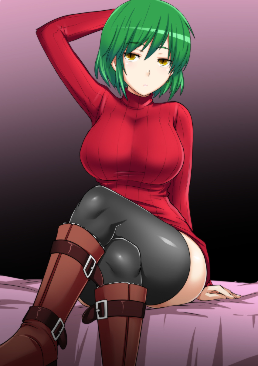 arm_over_head arm_support belt_boots black_legwear boots breasts brown_footwear crossed_legs green_hair highres hikage_(senran_kagura) jitome knee_boots large_breasts okyou ribbed_sweater senran_kagura short_hair sitting slit_pupils solo sweater thighhighs thighs yellow_eyes