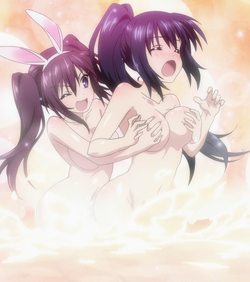 2girls 8-bit_(company) absolute_duo animal_ears blue_hair blush breast_grab breasts bunny_ears eyes_closed grabbing groping large_breasts long_hair multiple_girls navel nude one_eye_closed open_mouth ponytail purple_eyes purple_hair screencap stitched tachibana_tomoe_(absolute_duo) tsukimi_rito twintails yuri