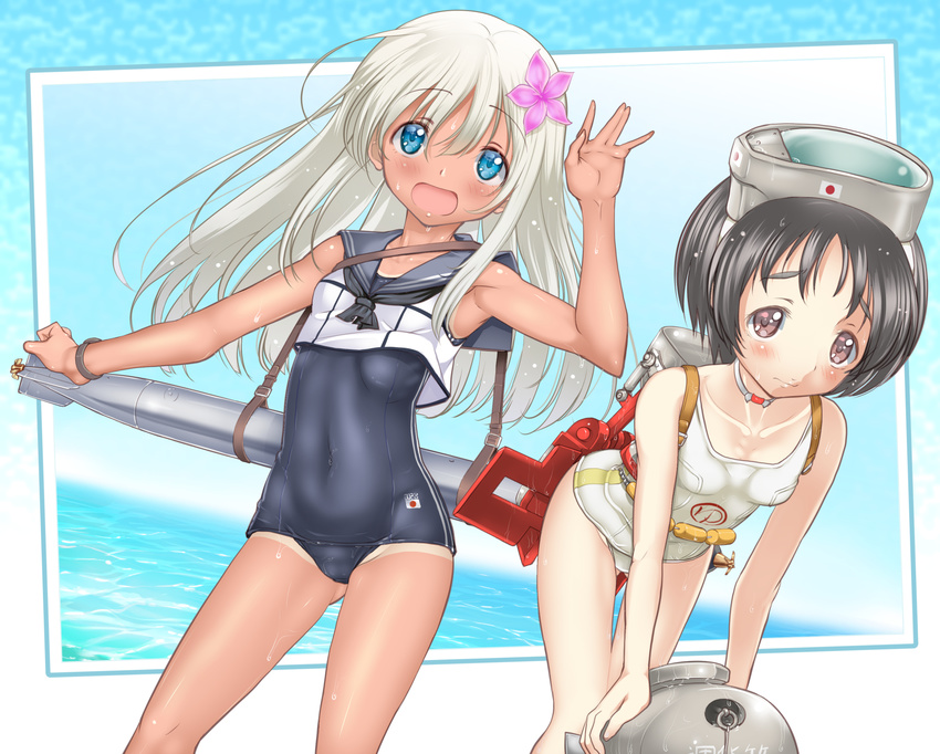 black_hair blonde_hair blue_eyes brown_eyes crop_top diving_mask diving_mask_on_head flower hair_flower hair_ornament highres kantai_collection long_hair maru-yu_(kantai_collection) multiple_girls one-piece_swimsuit pt@i ro-500_(kantai_collection) sailor_collar school_swimsuit short_hair swimsuit swimsuit_under_clothes tan tanline torpedo white_school_swimsuit white_swimsuit