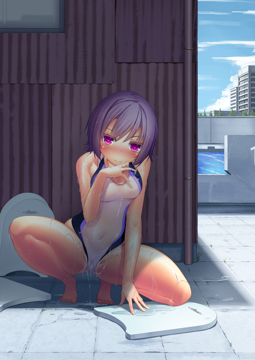 absurdres blue_hair blush competition_swimsuit dobunezumi highres looking_at_viewer naughty_face one-piece_swimsuit original pussy_juice pussy_juice_puddle pussy_juice_trail red_eyes short_hair smile solo spread_legs squatting swimsuit wet