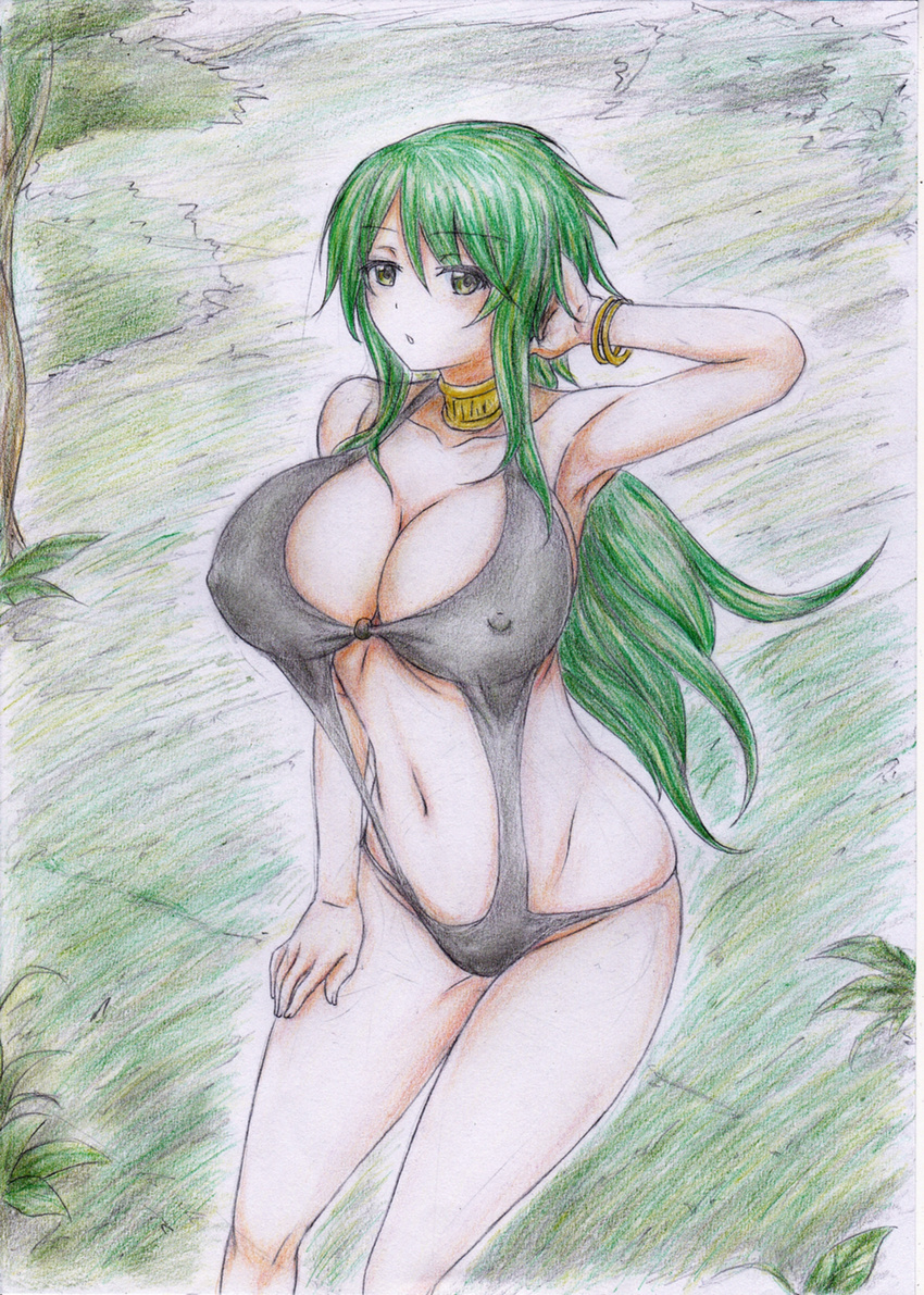 :o absurdres arm_up armpits bracelet breasts caam_serenity_of_gusto choker cleavage colored_pencil_(medium) covered_nipples duel_monster green_hair hand_on_own_head highres jewelry large_breasts long_hair looking_at_viewer midriff navel ponytail reebi slingshot_swimsuit solo swimsuit thighs traditional_media yellow_eyes yuu-gi-ou