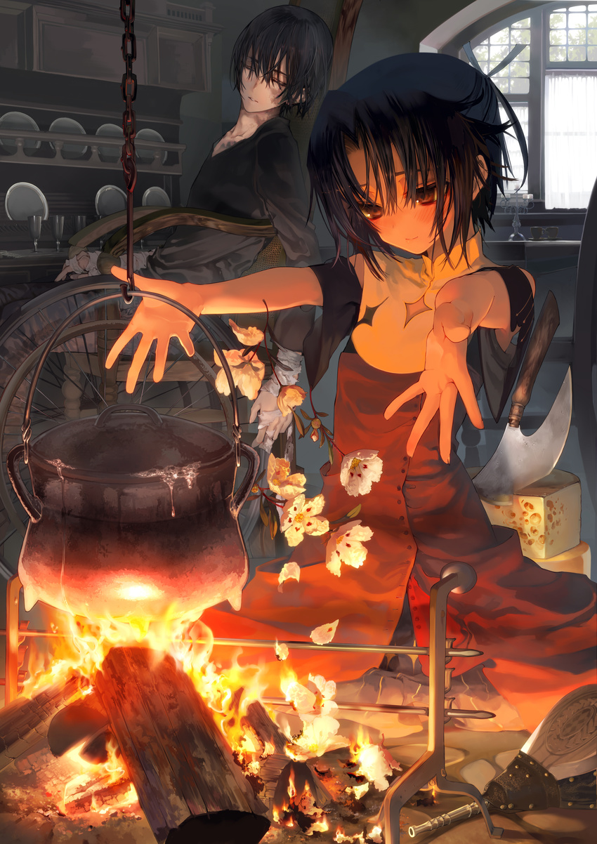 1girl absurdres aikawa_kanami axe bandages bellows black_hair blush boiling brown_eyes candle candlestand chain cheese closed_eyes collarbone cooking cup dress fire flower food glass hair_ribbon highres hook indoors injury isekai_meikyuu_no_saishinbu_wo_mezasou looking_down maria_(isekai_meikyuu_no) outstretched_arms plate pot ribbon saucer shelf short_hair sleeping smile sunlight table ukai_saki water weapon wheelchair window