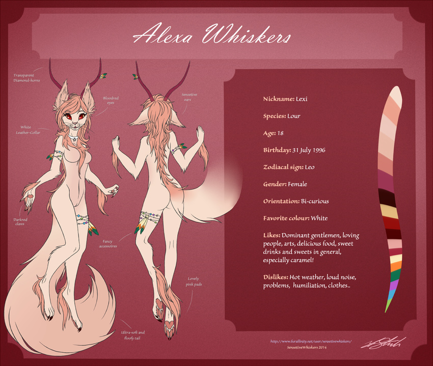 alexa_whiskers claws collar feathers feline fragile frail fur horn mammal model_sheet pink_mane pink_nose pink_pawpads red_eyes sensetivewhiskers whiskers white_collar white_fur