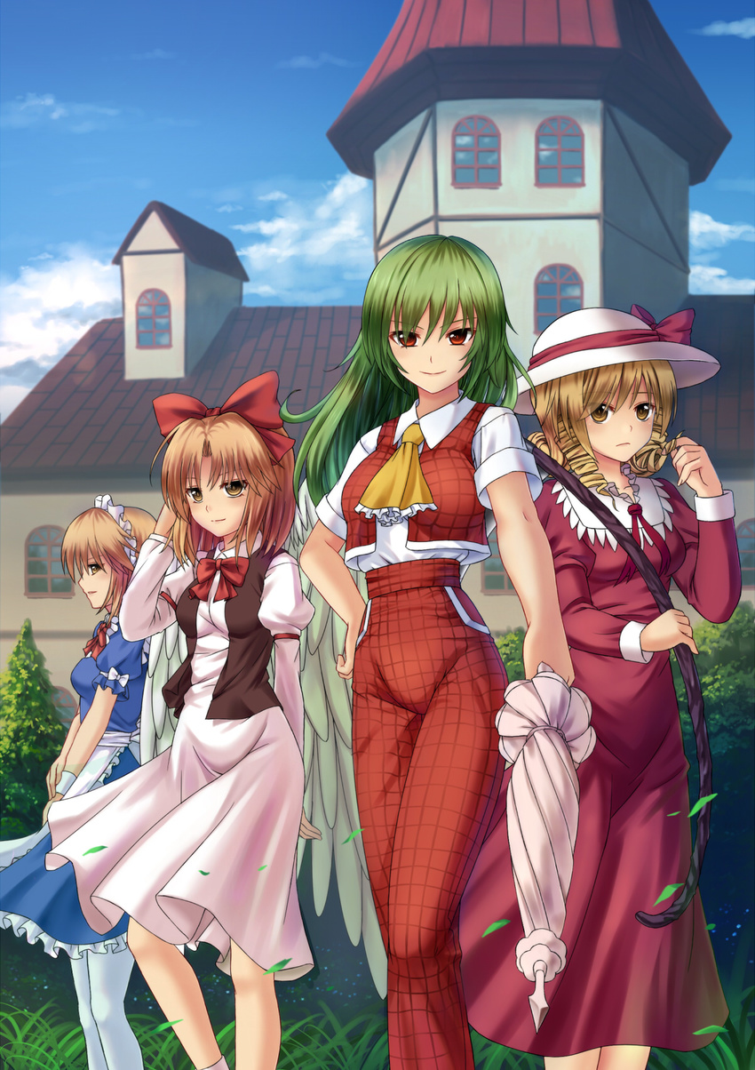 angel_wings apron armband blonde_hair blue_dress blue_sky bow breasts bush chien_zero cloud collared_shirt curly_hair day dress elly eyes_visible_through_hair gengetsu grass green_hair hair_bow hand_in_hair hand_on_hip hat hat_bow highres kazami_yuuka kazami_yuuka_(pc-98) light_brown_hair light_smile long_hair long_sleeves looking_at_viewer lotus_land_story maid maid_apron maid_headdress mansion medium_breasts mugenkan mugetsu multiple_girls outdoors pants parasol parted_lips pink_dress plaid plaid_pants plaid_vest profile puffy_long_sleeves puffy_sleeves red_bow red_dress red_eyes reflection ribbon scythe shirt shirt_tucked_in short_hair short_sleeves sky smirk standing touhou touhou_(pc-98) tree umbrella vest white_legwear wind wings wrist_cuffs yellow_eyes