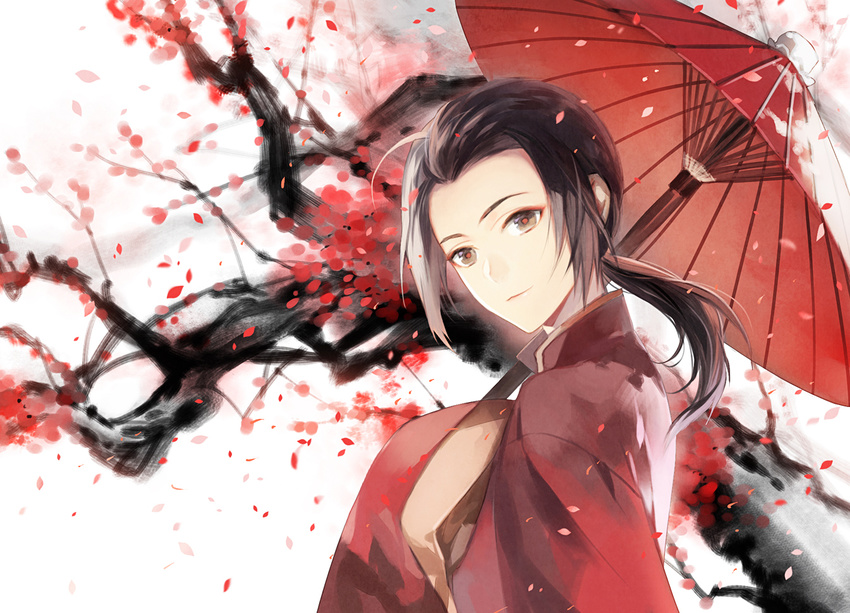 axis_powers_hetalia black_hair china_(hetalia) chinese_clothes flower from_side male_focus oriental_umbrella parasol petals plum_blossoms ponytail sleeves_past_wrists solo tree uhouho14 umbrella upper_body