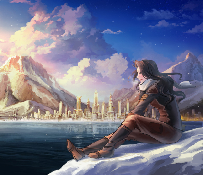artist_request asami_sato avatar:_the_last_airbender black_hair city cloud clouds curly_hair ice legend_of_korra lipstick makeup mountain red_lipstick scarf sitting snow snowing solo sunset the_legend_of_korra