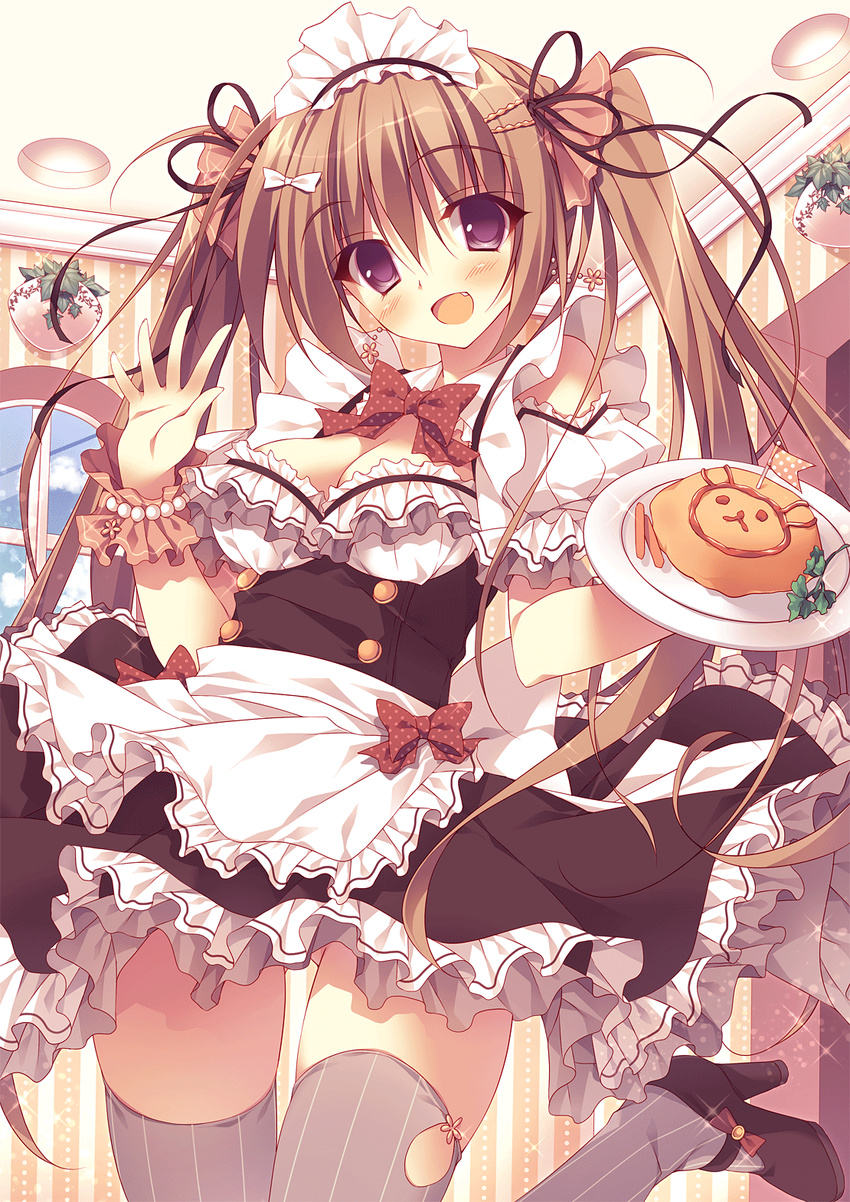 :d apron bad_id bad_pixiv_id black_eyes bow breasts cleavage dress earrings fang flag food hair_ribbon high_heels highres jewelry long_hair maid maid_headdress medium_breasts moe2015 omurice oniku_(shimofuri-ke) open_mouth original plant plate potted_plant ribbon smile solo thighhighs twintails very_long_hair waist_apron waving window