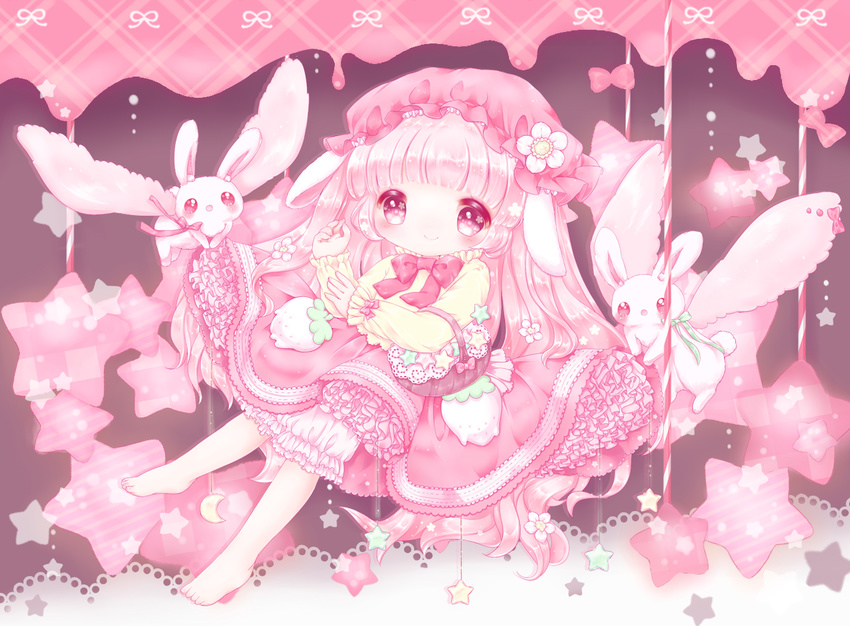 angel_wings animal_ears bangs bare_legs barefoot basket bloomers blunt_bangs bunny bunny_ears crescent flower food frilled_skirt frills fruit hair_flower hair_ornament hat hat_flower lace long_hair long_sleeves mob_cap original pink pink_eyes pink_hair ribbon sidelocks skirt smile solo sparkling_eyes star strawberry umina_kurumi underwear very_long_hair wide_face wings wire_work