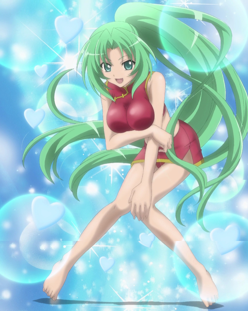 1girl bare_shoulders barefoot bikini breast_hold breasts feet full_body green_eyes green_hair higurashi_no_naku_koro_ni kuroda_kazuya leaning_forward looking_at_viewer midriff open_mouth ponytail screening smile solo sonozaki_mion standing swimsuit very_long_hair