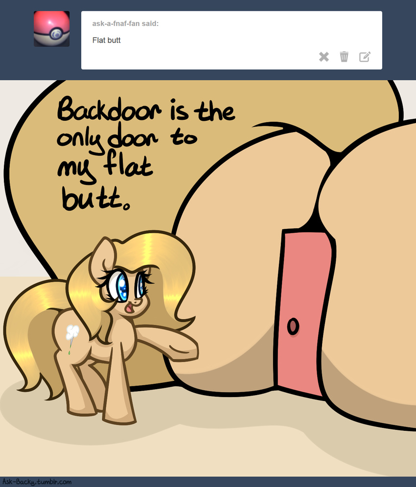 2015 backy butt butt_house cute earth_pony english_text equine fan_character female feral horse mammal my_little_pony pony slavedemorto smile solo text