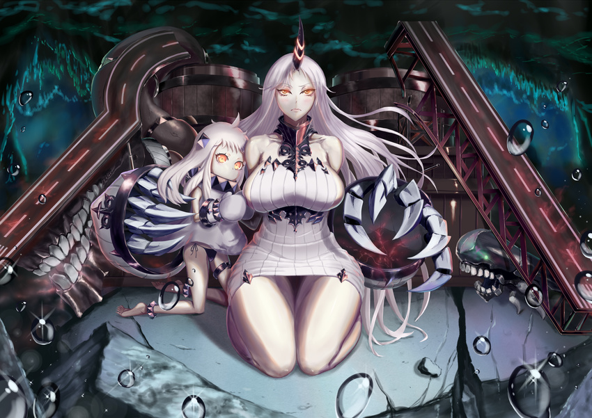 ahoge blush breasts claws cuffs detached_sleeves dress eyebrows eyebrows_visible_through_hair frown highres horn horns i-class_destroyer kantai_collection kneeling large_breasts long_hair looking_at_viewer mittens multiple_girls northern_ocean_hime orange_eyes panties pantyshot pantyshot_(kneeling) ribbed_dress seaport_hime shinkaisei-kan short_dress side-tie_panties thigh_strap thighs underwear white_dress white_hair white_skin zgwg