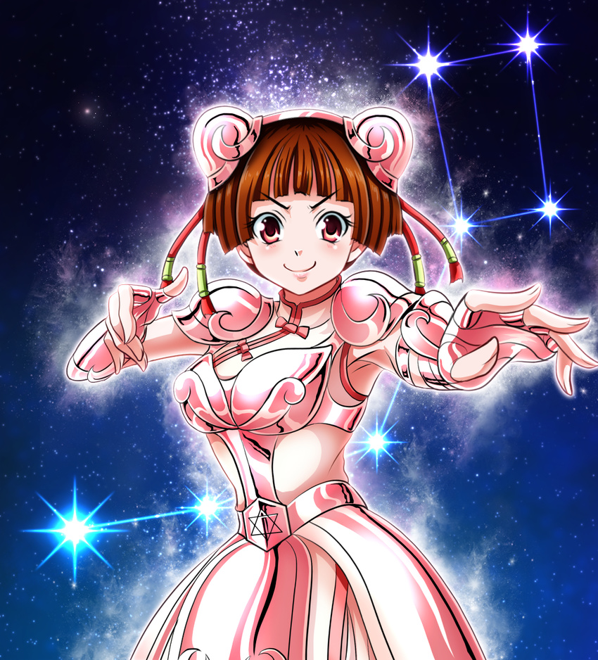 &gt;:) armor armored_dress armpits bangs blunt_bangs blush breastplate brown_hair bun_cover china_dress chinese_clothes constellation cowboy_shot double_bun dress faulds fighting_stance fingerless_gloves foreshortening gauntlets gloves glowing highres light_smile outline outstretched_arm pauldrons pentagram red_eyes saint_seiya saint_seiya_saintia_sho short_hair sky smile solo star star_(sky) starry_sky tassel tk8d32 turtleneck ursa_minor_ling_xiaoling v-shaped_eyebrows