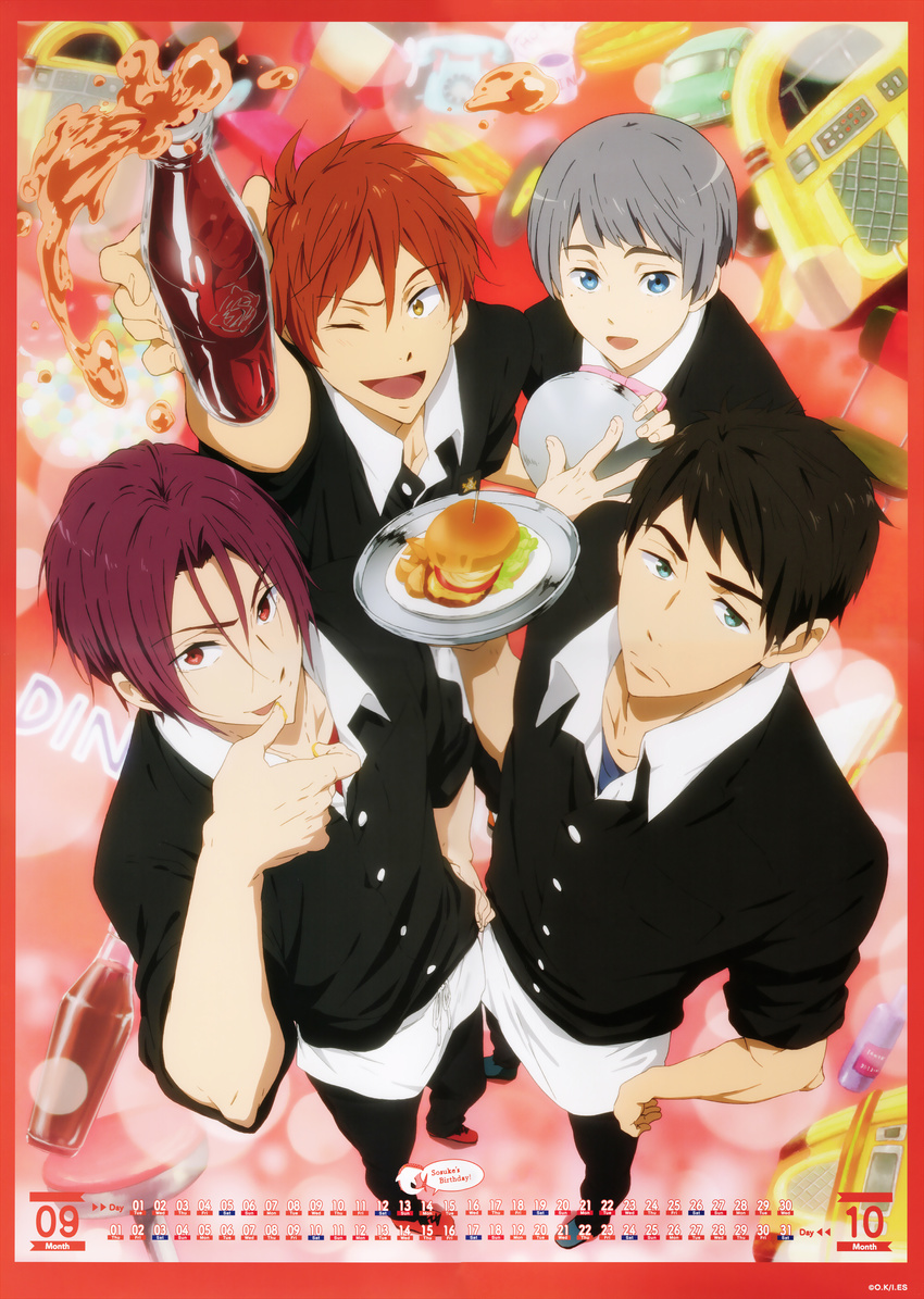 absurdres black_hair blue_eyes border calendar_(medium) free! grey_hair highres male_focus matsuoka_rin mikoshiba_momotarou mole mole_under_eye multiple_boys nitori_aiichirou official_art one_eye_closed orange_hair red_border red_eyes red_hair waiter yamazaki_sousuke yellow_eyes