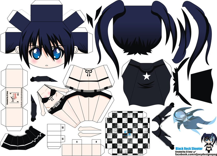 artist_name black_rock_shooter black_rock_shooter_(character) blue_eyes blue_hair burning_eye character_name chibi el_joey highres paper_cutout papercraft scar solo stitches twintails watermark web_address