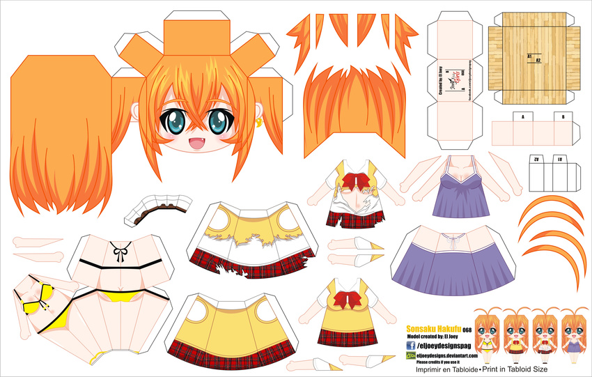 :d absurdres ahoge artist_name bikini blue_eyes breasts character_name chibi el_joey fang highres ikkitousen jewelry long_hair medium_breasts navel open_mouth orange_hair paper_cutout papercraft school_uniform single_earring smile solo sonsaku_hakufu swimsuit torn_clothes underboob watermark web_address yellow_bikini