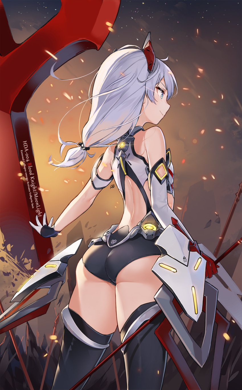 1girl aliceblue alternate_costume armor armored_leotard ass bangs bare_shoulders black_legwear breasts cross_(weapon) elbow_gloves eyebrows_visible_through_hair fire floating_armor floating_hair from_behind gloves hair_between_eyes hair_ornament highres holding holding_weapon honkai_impact light_particles long_hair red_eyes silver_hair single_elbow_glove small_breasts smile solo theresa_apocalypse thighhighs thighs weapon