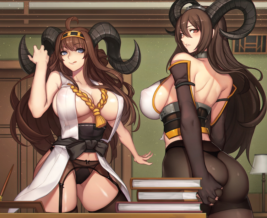 :q ahoge ass ass_grab black_gloves black_legwear black_panties blue_eyes blush book_stack breasts brown_hair chinese_zodiac commentary covered_nipples detached_sleeves door dot_triangle double_bun evan_yang fingerless_gloves g-string garter_belt gloves grabbing_own_ass hairband headgear highres horns japanese_clothes kantai_collection kongou_(kantai_collection) large_breasts long_hair multiple_girls nagato_(kantai_collection) panties pantyhose parted_lips red_eyes see-through sheep_horns sideboob smile thighhighs thong tongue tongue_out underwear