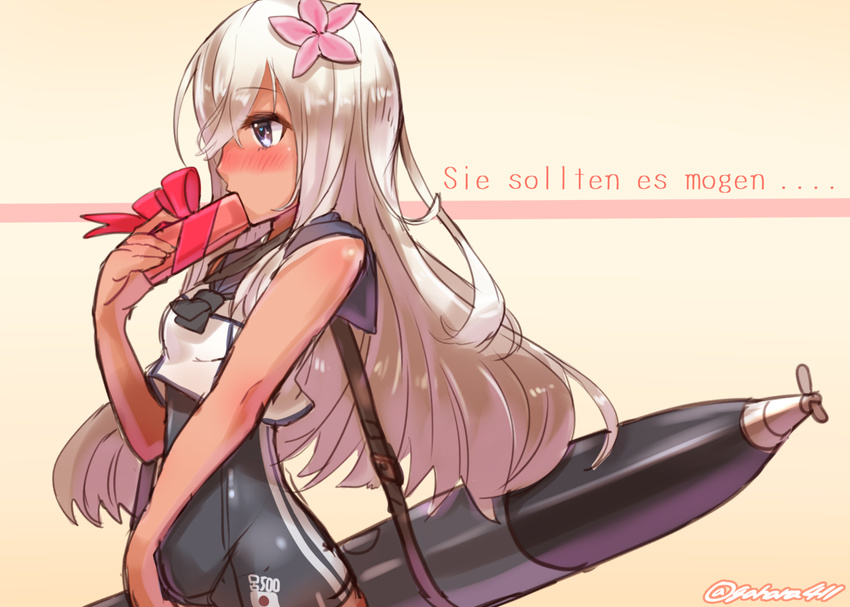 blonde_hair blue_eyes crop_top flower german gift hair_flower hair_ornament kantai_collection long_hair ranguage ro-500_(kantai_collection) sailor_collar school_swimsuit swimsuit swimsuit_under_clothes tan tanline torpedo toshi_gahara translated